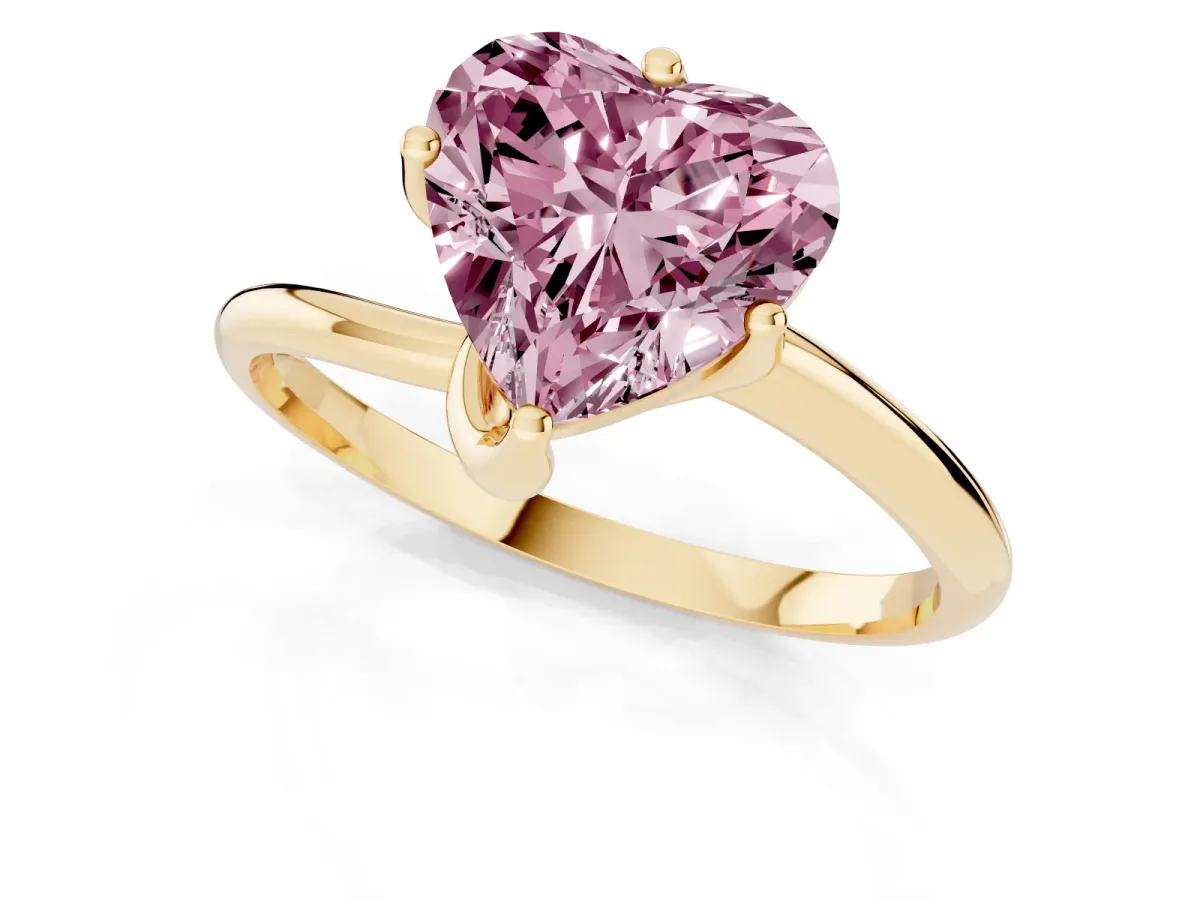 Fancy Pink Heart Cut Diamond Solitaire Engagement Ring with Four-Prong Setting and Classic Band Yellow gold