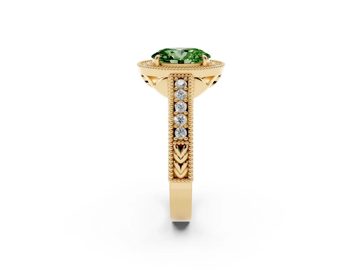 Fancy Green Oval Cut Cut Halo Diamond Ring with Pavé Band and Four-Prong Setting Yellow gold