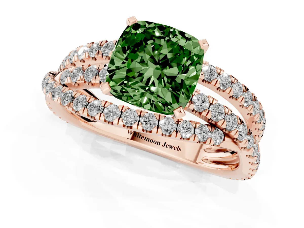 Fancy Green Cushion Cut Solitaire Twist Band with Pavé Setting and Four-Prong Setting Rose gold