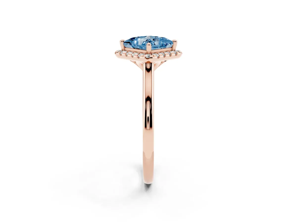 Fancy Blue Princess Cut Halo Round Diamond Solitaire Engagement Ring with Pave Band and Four-Prong Setting Rose gold