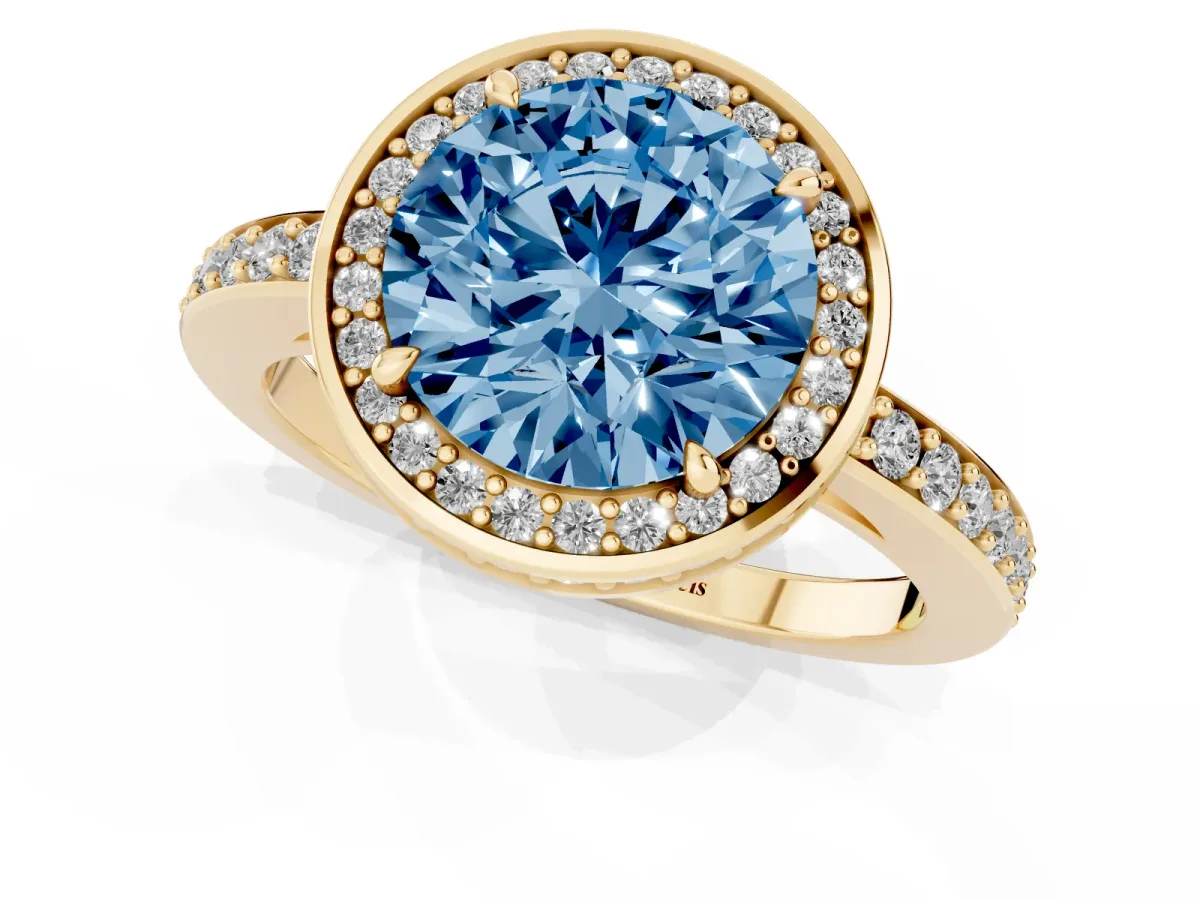 Fancy Blue Round Cut Halo Pave Band Solitaire Ring with Prong Setting Yellow gold