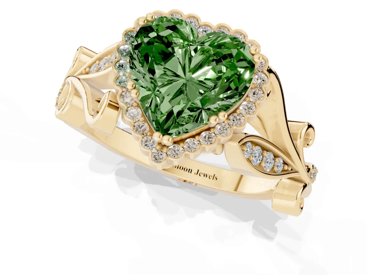 Fancy Green Heart Cut Diamond Halo Ring with Vintage Split Shank and Four-Prong Setting Yellow gold