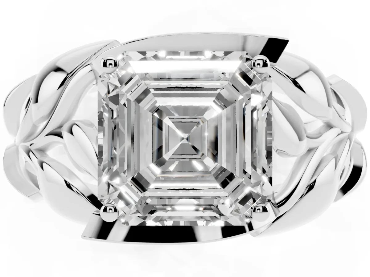 Asscher Cut Diamond Leaf-Inspired Engagement Ring with Round Accents and Prong Setting Silver