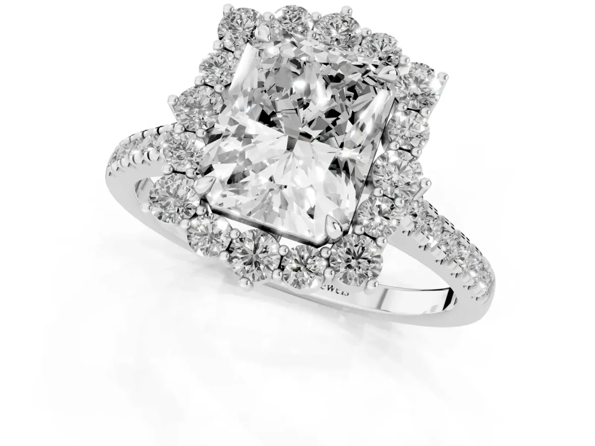 Radiant Cut Halo Diamond Ring with Pavé Band and Prong Setting Platinum