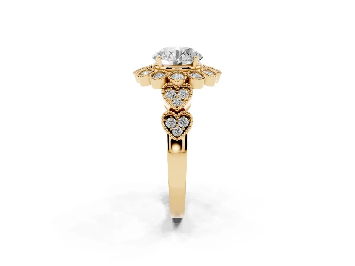 Round Cut Brilliant Milgrain Pave Heart Band Solitaire Ring Yellow gold
