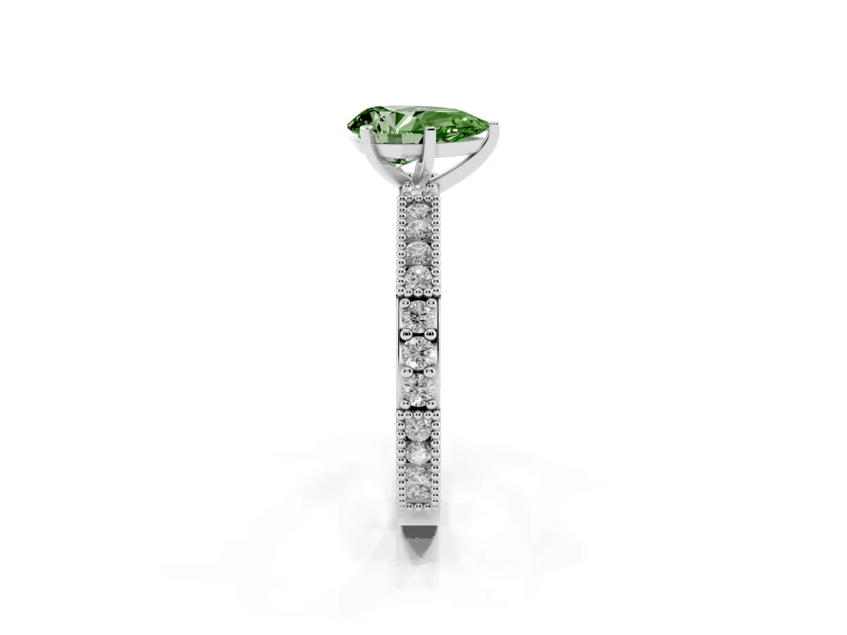 Fancy Green Pear Cut Solitaire with Pavé Band and Four-Prong Setting Silver