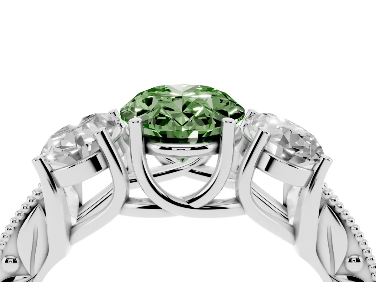 Fancy Green Three-Stone Oval Cut Cut Milgrain Pavé Engagement Ring Silver