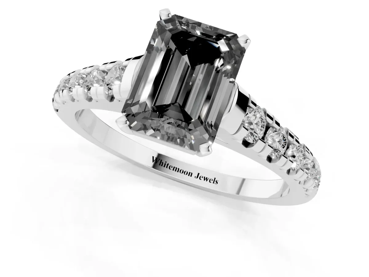 Fancy Black Emerald Cut Diamond Cathedral Solitaire Ring with Round Pavé Band Silver