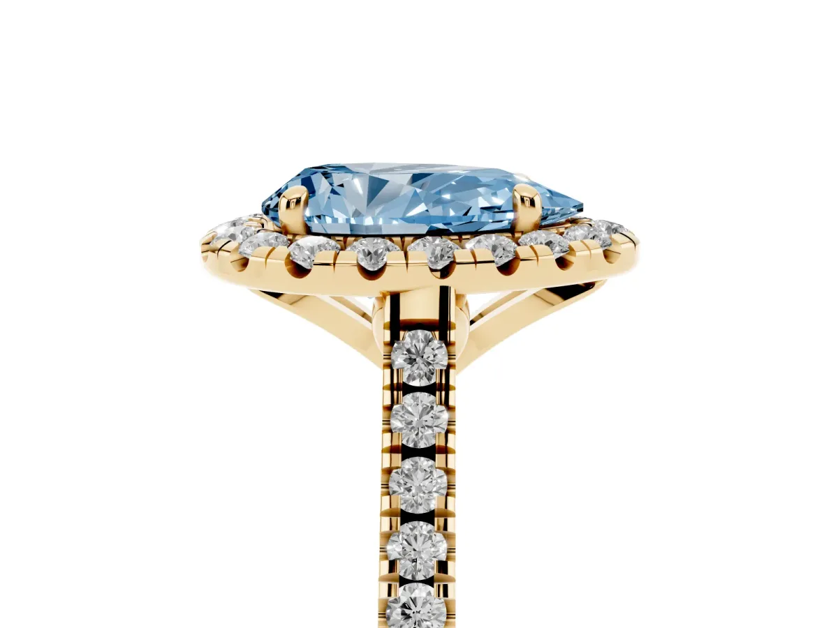 Fancy Blue Pear Cut Diamond Cushion Halo Ring with Pavé Band Yellow gold