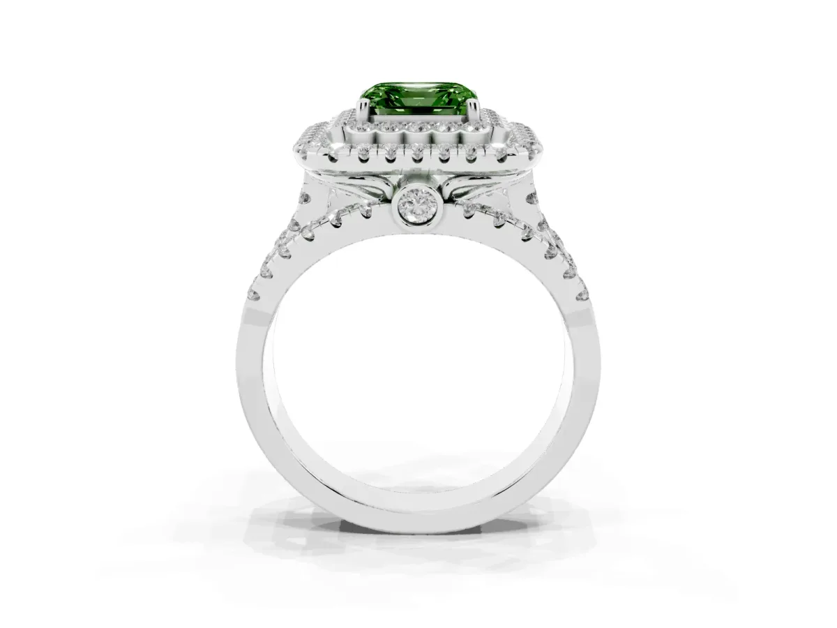Fancy Green Asscher Cut Diamond Double Halo Ring with Round Pavé Split Shank and Prong Setting Silver