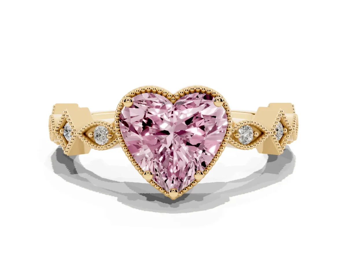 Fancy Pink Heart Cut Milgrain Marquise Diamond Twist Band Ring Yellow gold