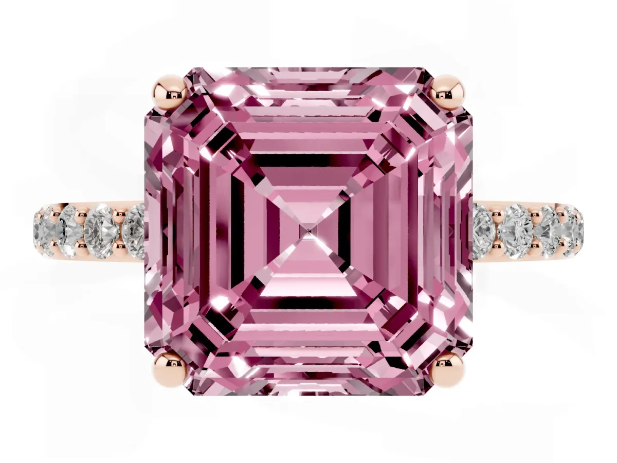 Fancy Pink Asscher Cut Diamond Solitaire Ring with Round Pavé Band and Prong Setting Rose gold