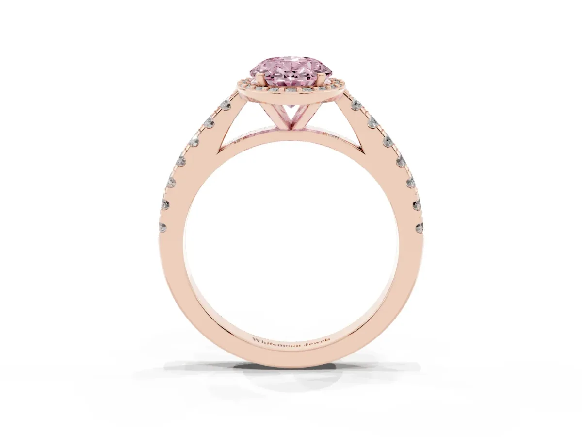 Fancy Pink Oval Cut Cut Halo Diamond Engagement Ring with Pave Band and Four-Prong Setting Rose gold