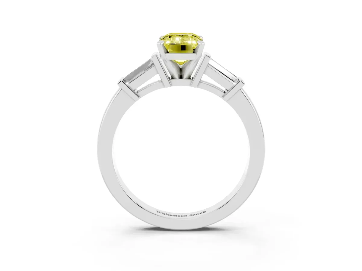 Fancy Yellow Emerald Cut Cut Diamond Solitaire Ring with Tapered Baguette Accents and Four-Prong Setting Silver