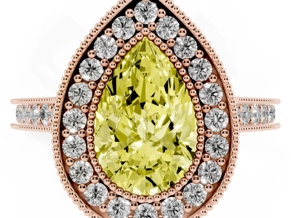 Fancy Yellow Halo Pear Cut-Cut Diamond Pave Band Milgrain Prong Setting Ring Rose gold