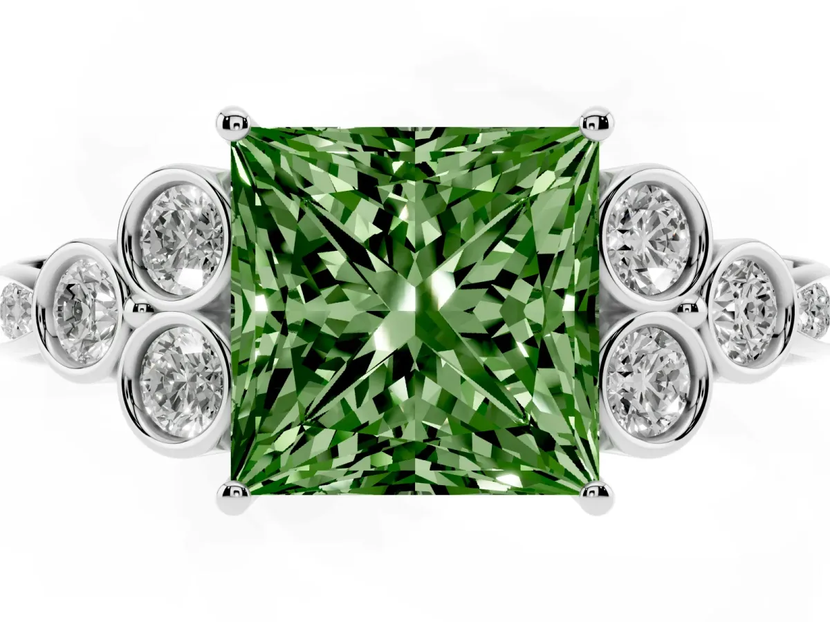Fancy Green Princess Cut Cut Diamond Engagement Ring with Bezel Set Round Side Stones and Prong Setting Silver