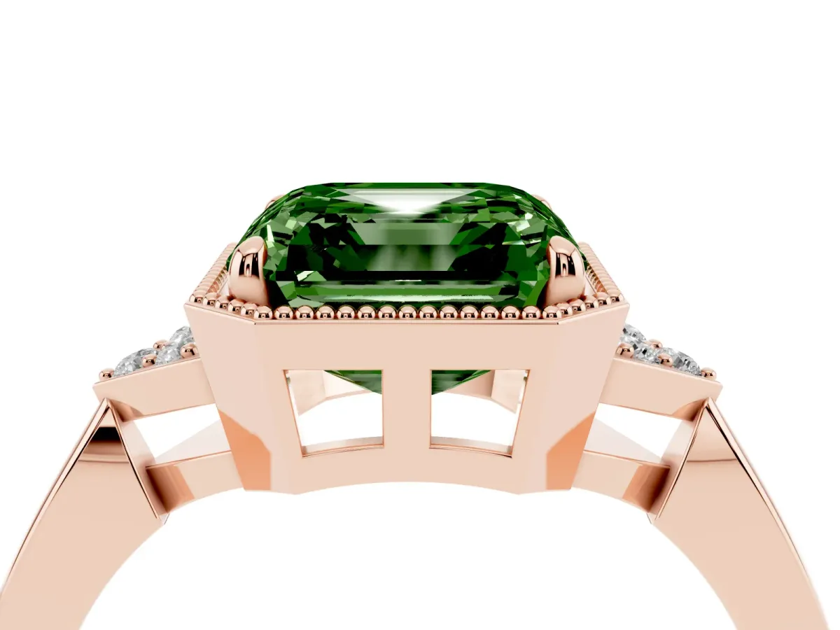 Fancy Green Asscher Cut Diamond Halo Ring with Tapered Band and Four-Prong Setting Rose gold
