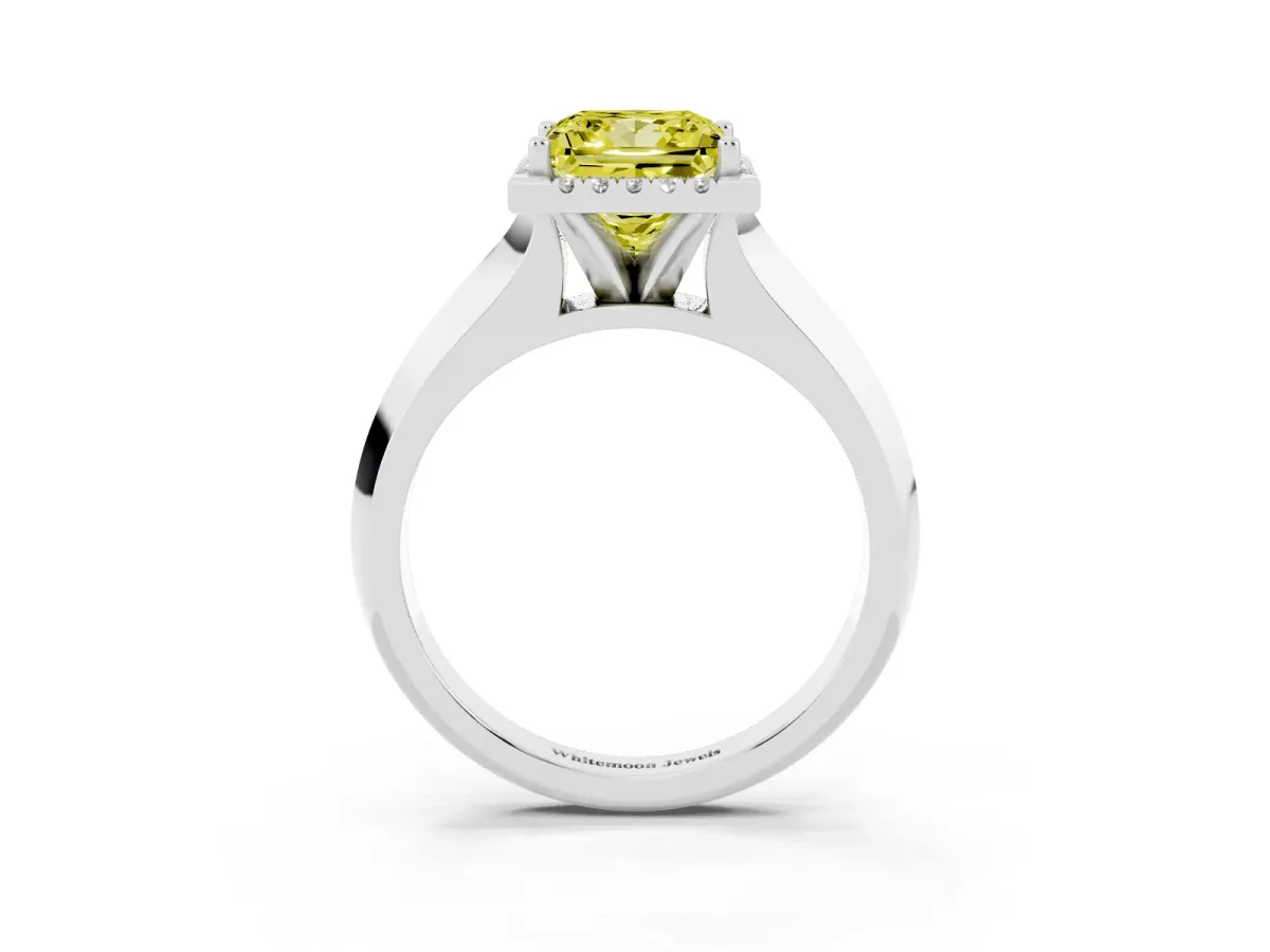 Fancy Yellow Princess Cut Halo Diamond Ring with Cathedral Band and Four-Prong Setting Platinum