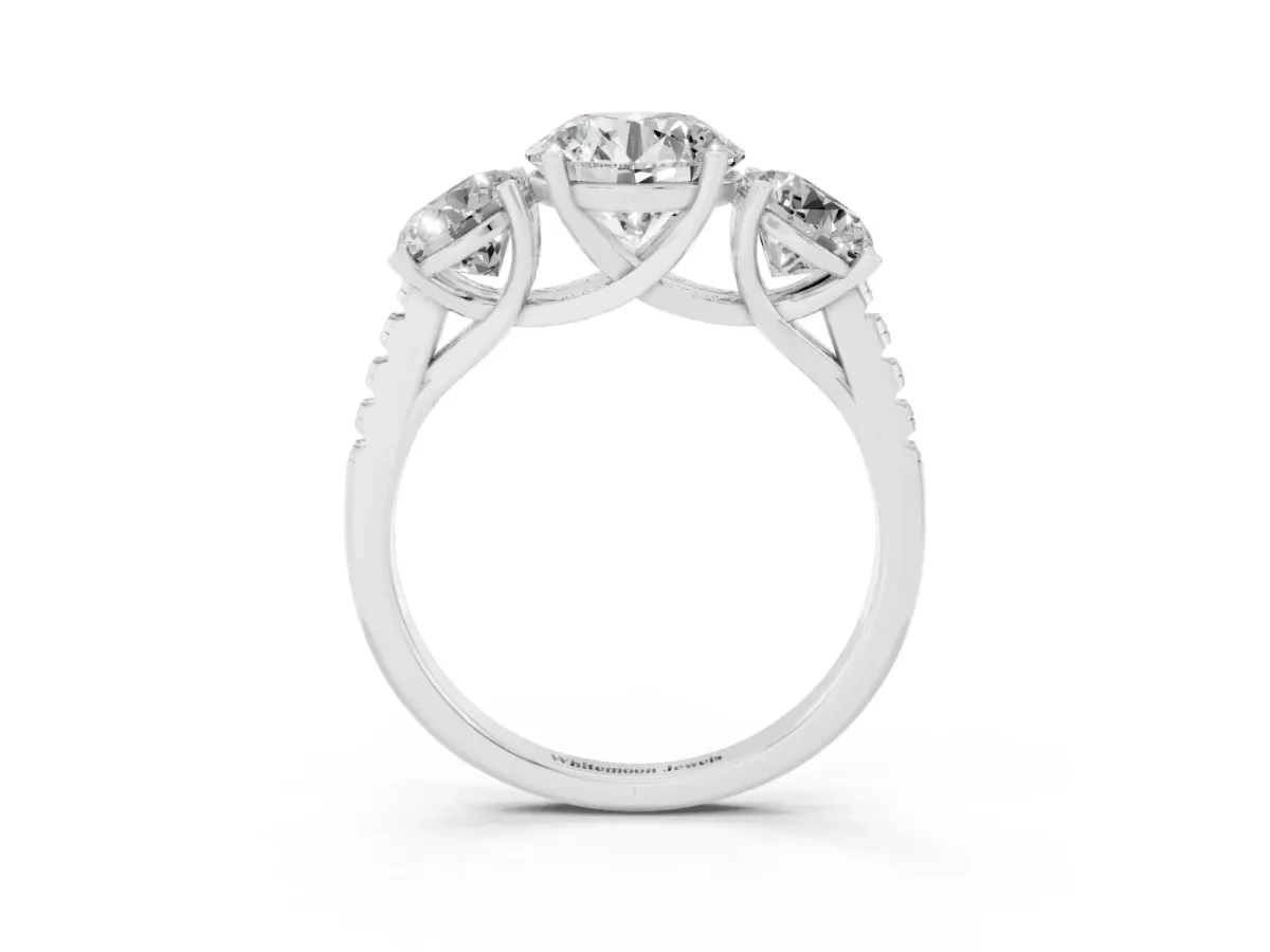Three-Stone Round Cut Diamond Ring with Round Pavé Band and Prong Setting Silver