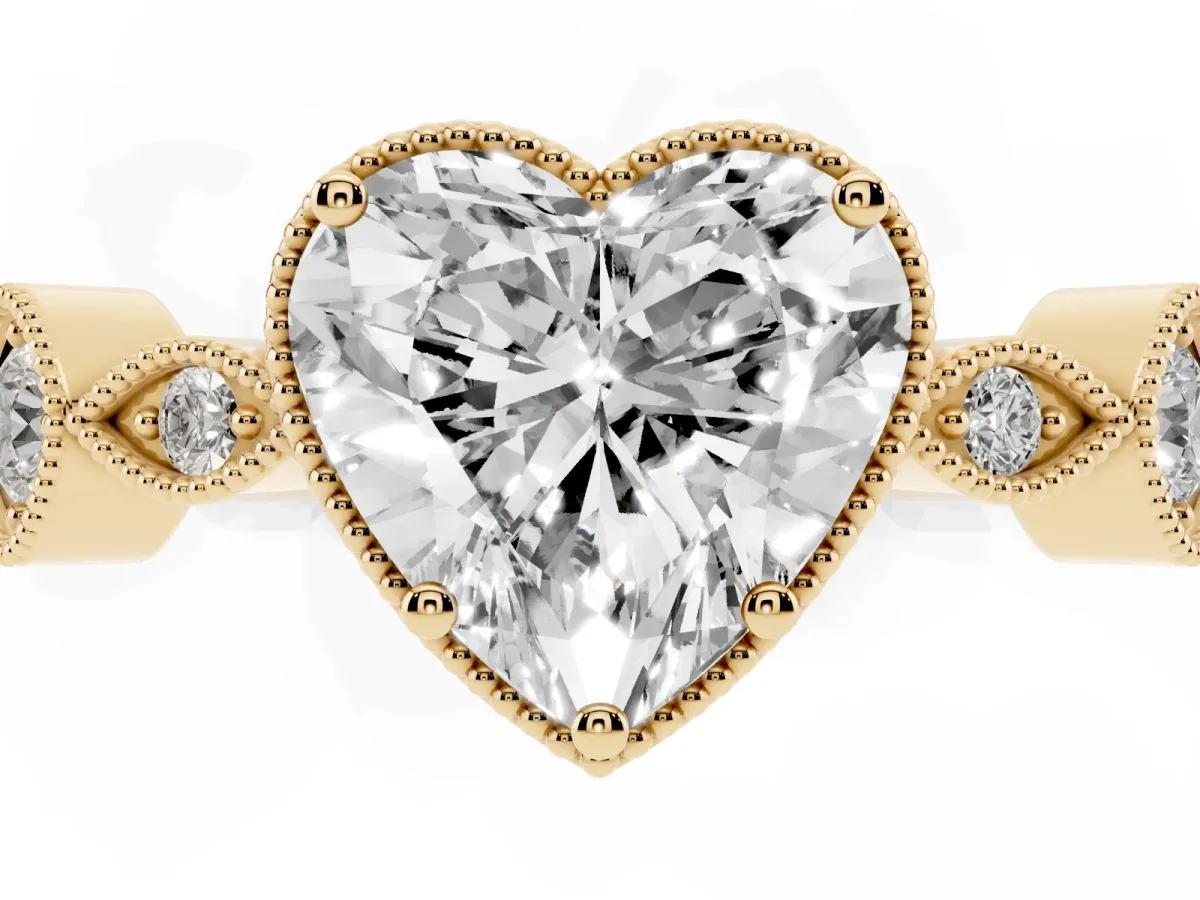 Heart Cut Diamond Vintage Milgrain Ring with Round Stations Yellow gold