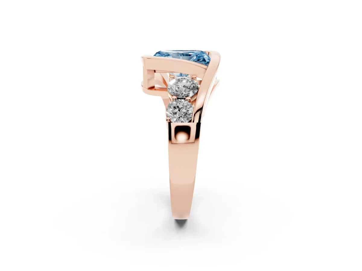 Fancy Blue Bezel Set Radiant Cut Diamond Bypass Ring with Round Accents Rose gold