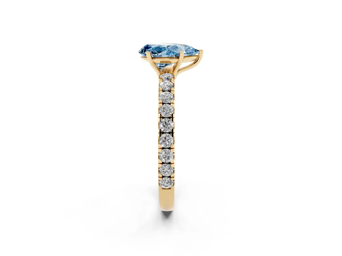Fancy Blue Pear Cut Diamond Pavé Solitaire Engagement Ring with Four-Prong Setting Yellow gold
