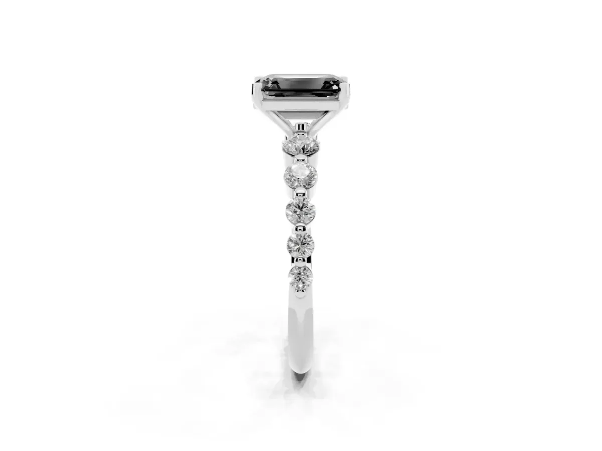 Fancy Black Emerald Cut Solitaire Diamond Ring with Pave Band and Four-Prong Setting Silver
