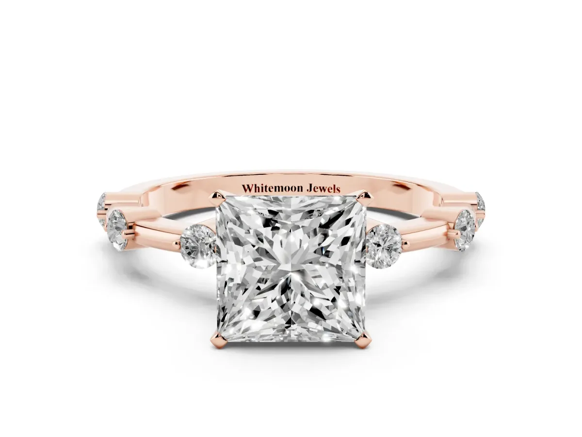 Princess Cut Solitaire Diamond Ring with Bezel Set Side Stones and Prong Setting Rose gold