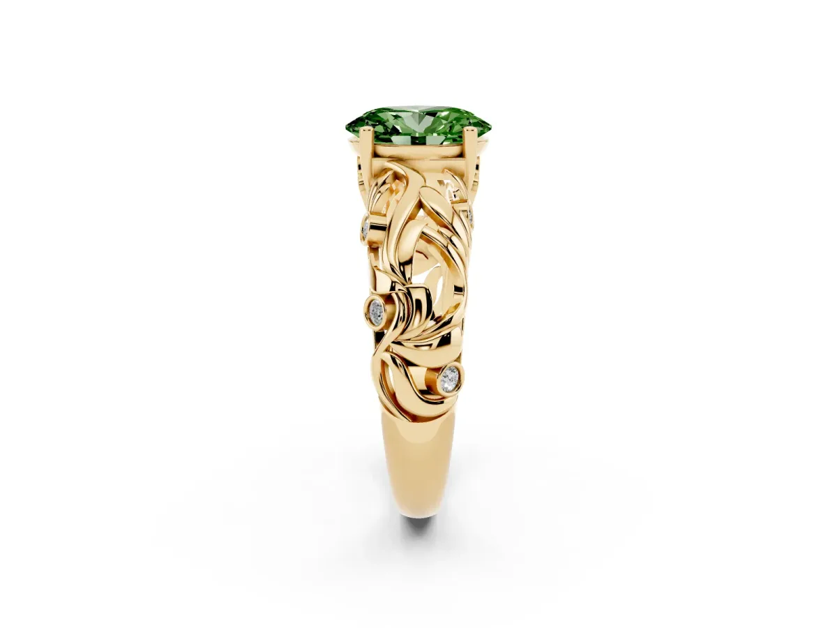 Fancy Green Oval Cut Solitaire Diamond Leaf-Inspired Vine Band Ring with Prong Setting Yellow gold