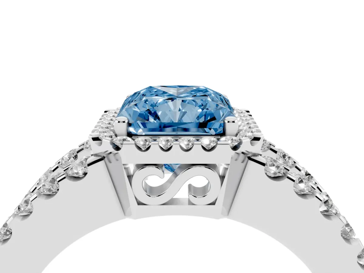 Fancy Blue Radiant Cut Cut Halo Split Shank Diamond Ring with Four-Prong Setting Platinum