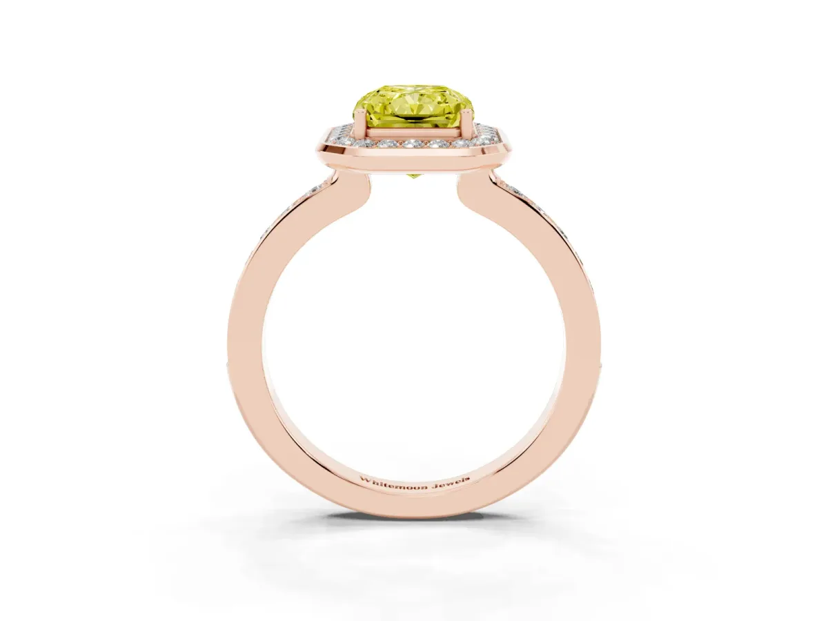 Fancy Yellow Radiant Cut Diamond Halo Ring with Bezel Frame and Pavé Band Rose gold