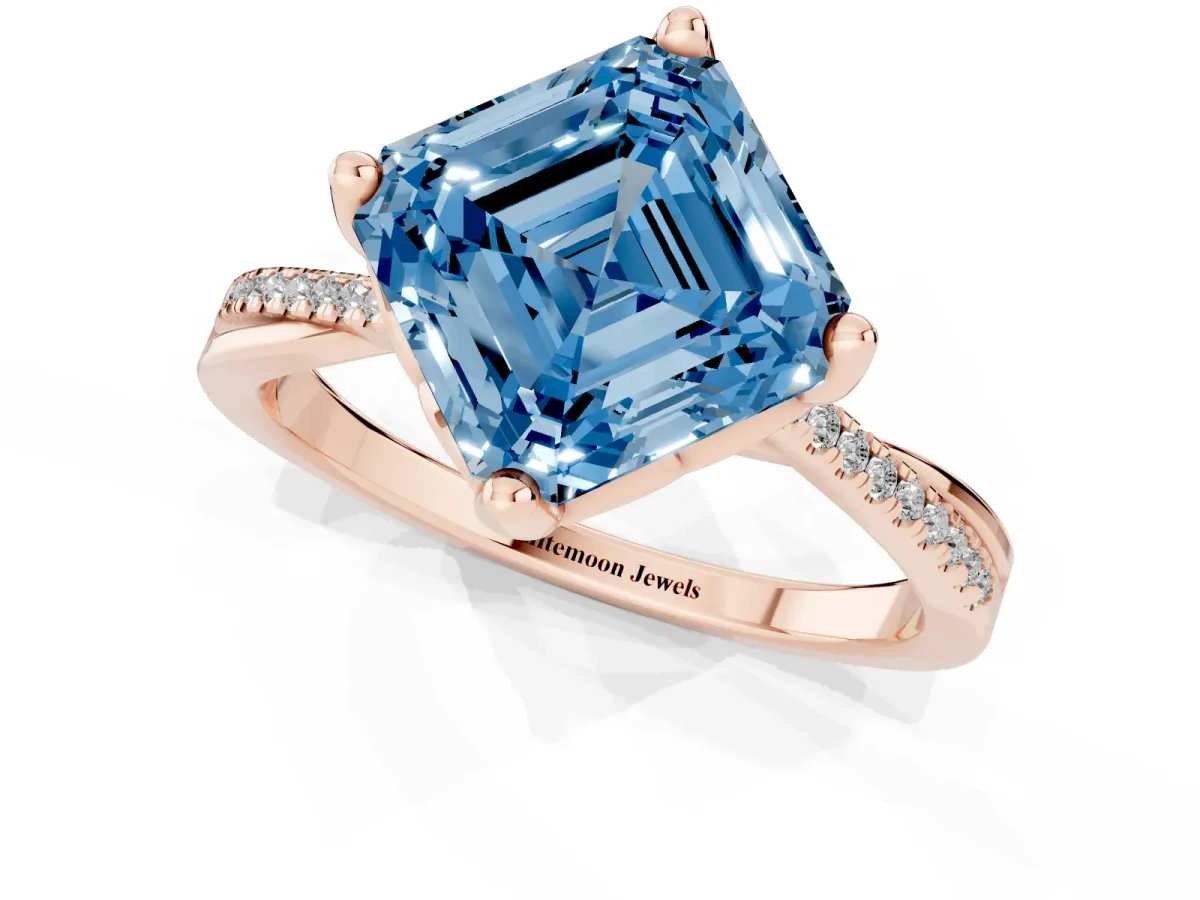 Fancy Blue Asscher Cut Solitaire Twist Band with Pavé Diamonds and Four-Prong Setting Rose gold