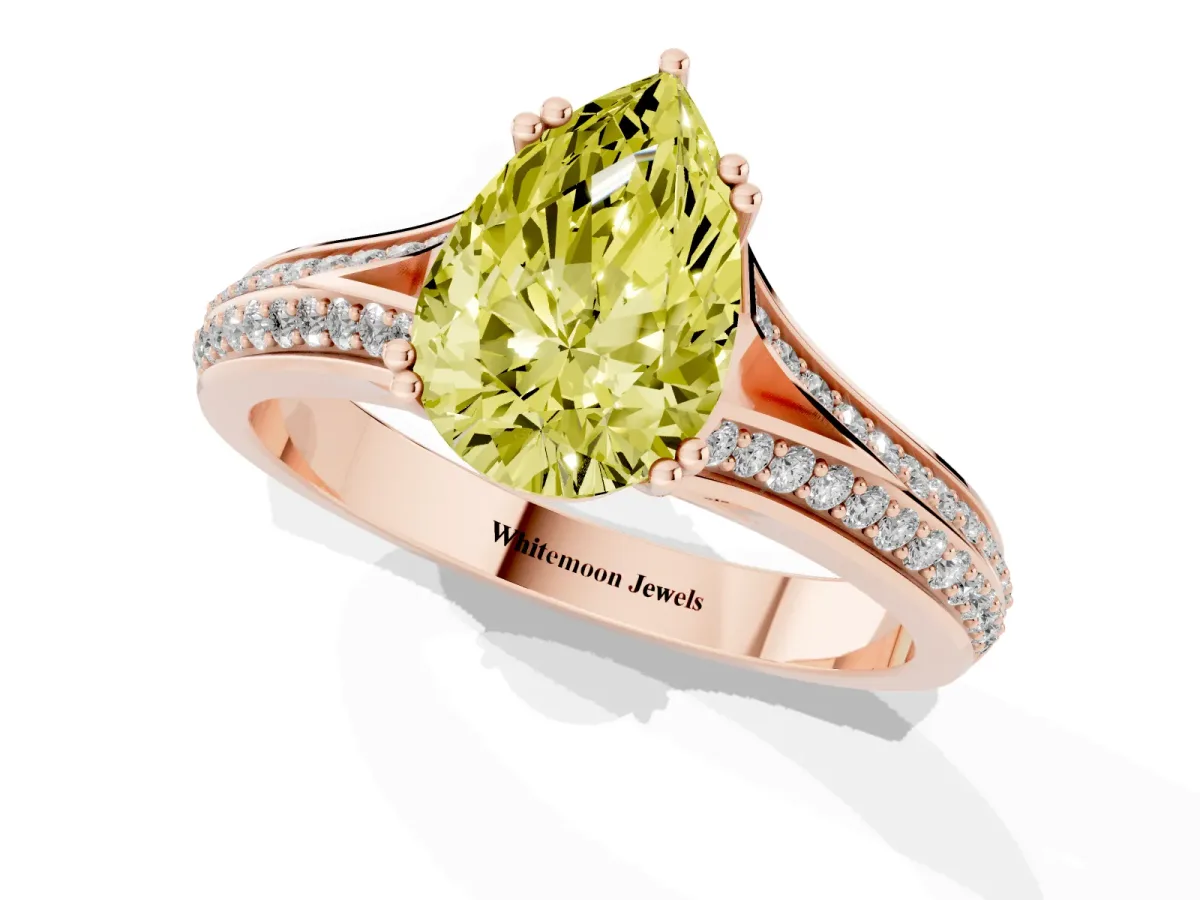 Fancy Yellow Pear Cut Diamond Split Shank Engagement Ring with Pavé Band Rose gold