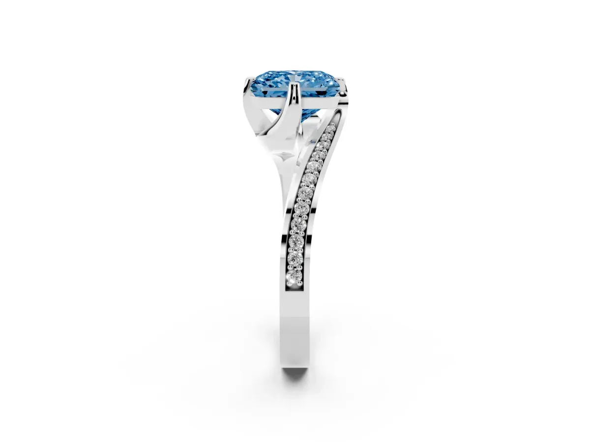 Fancy Blue Radiant Cut Solitaire Diamond Twist Band with Pavé Setting and Four-Prong Setting Silver