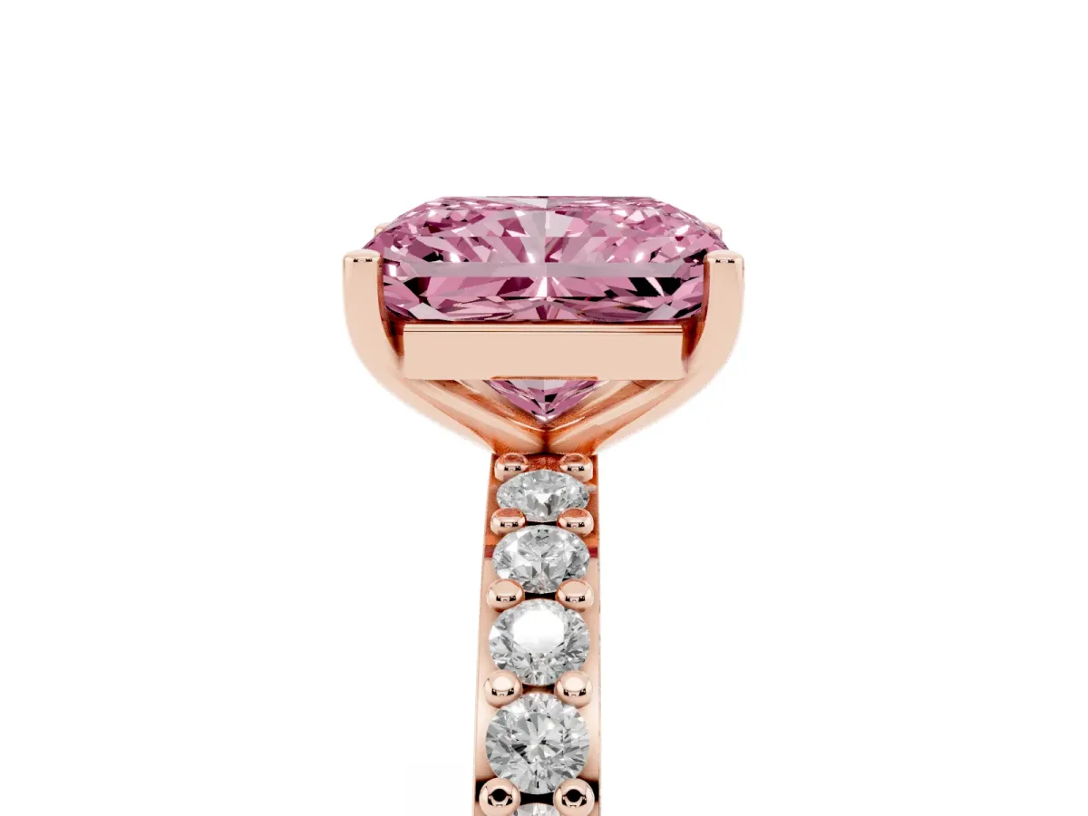 Fancy Pink Radiant Cut Cut Diamond Solitaire with Pave Band and Four-Prong Setting Rose gold