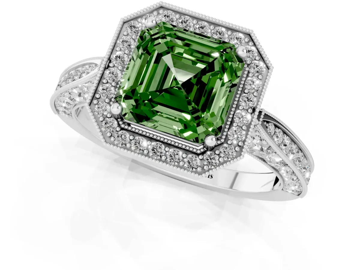Fancy Green Asscher Cut Halo Diamond Engagement Ring with Split Shank Band and Four-Prong Setting Platinum