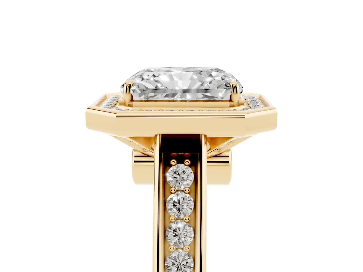 Radiant Cut Halo Solitaire Diamond Ring with Pave Band and Bezel Setting Yellow gold