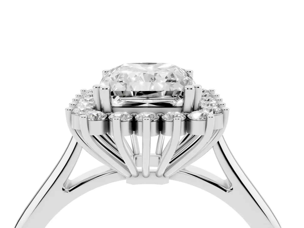 Radiant Cut Cut Diamond Halo Ring with Solitaire Band and Prong Setting White gold