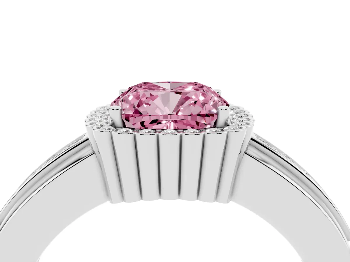 Fancy Pink Cushion Cut Cut Halo Pave Band Four-Prong Ring Silver