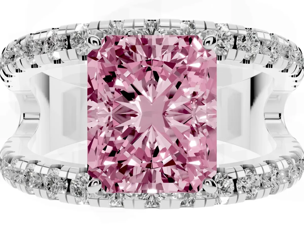 Fancy Pink Radiant Cut Solitaire Split Shank Pave Diamond Ring Silver