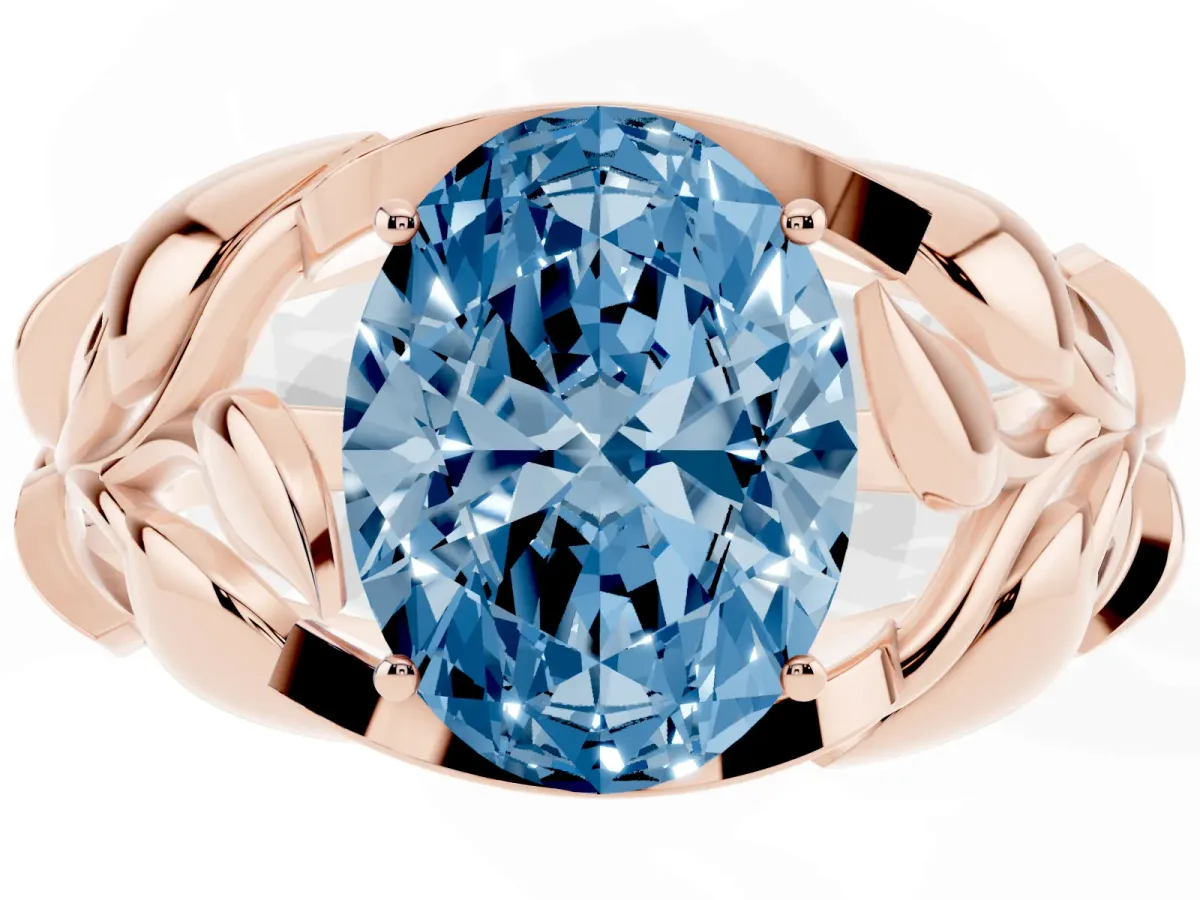 Fancy Blue Oval Cut Diamond Leaf-Inspired Engagement Ring with Round Accents and Prong Setting Rose gold