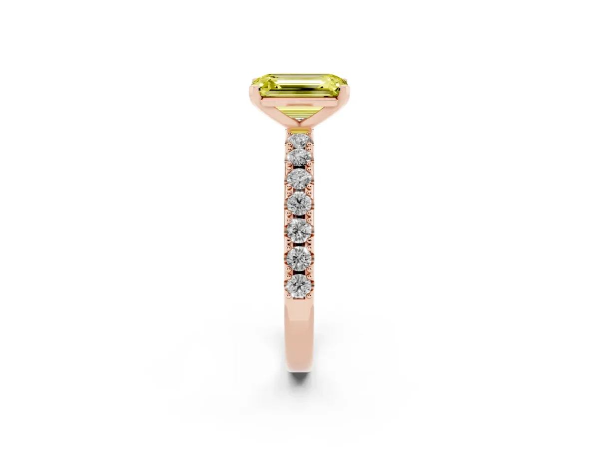 Fancy Yellow Emerald Cut Diamond Solitaire Pavé Band with Four-Prong Setting Rose gold