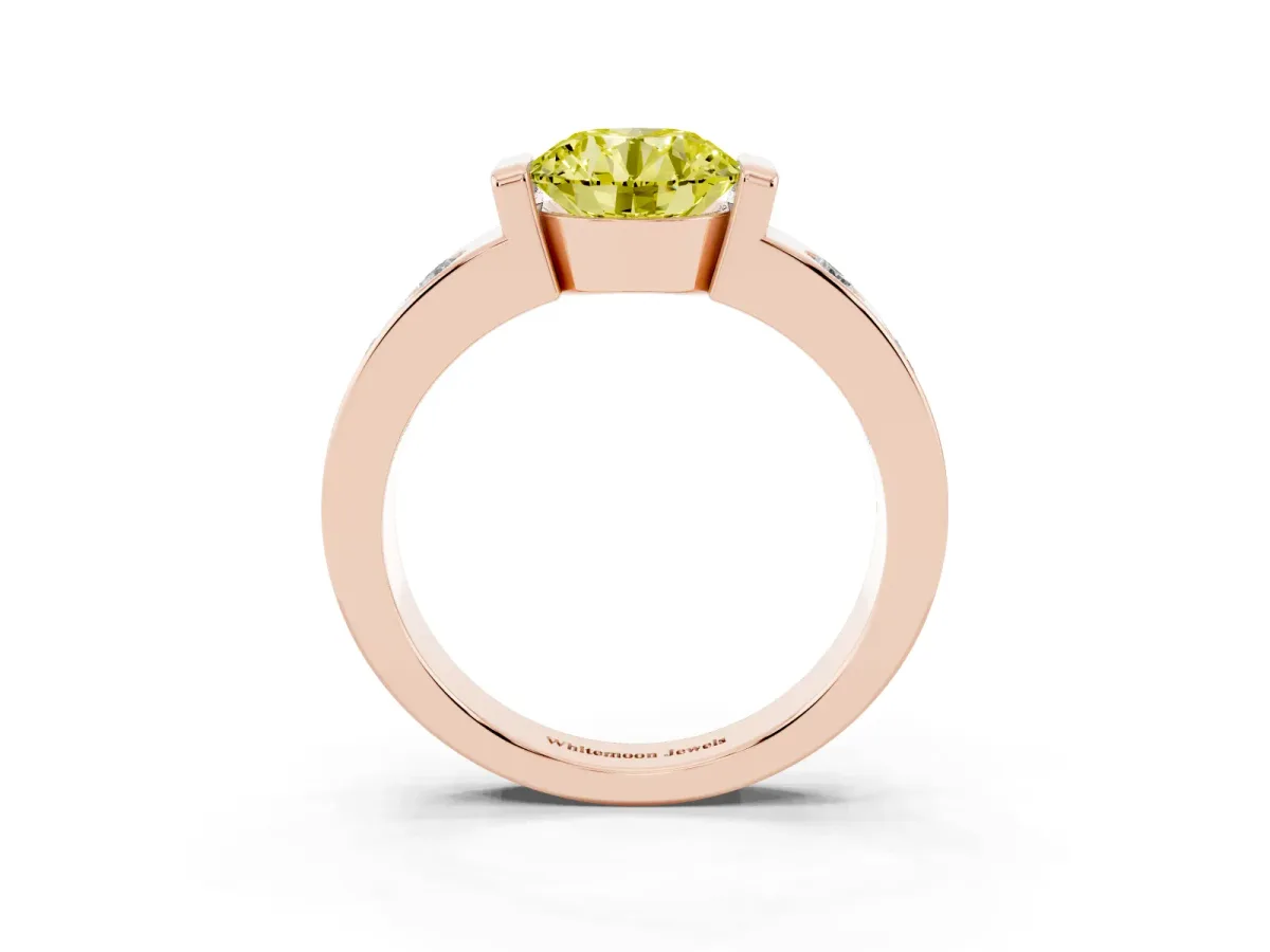 Fancy Yellow Round Cut Brilliant Channel-Set Diamond Ring with Bezel Prong Setting Rose gold