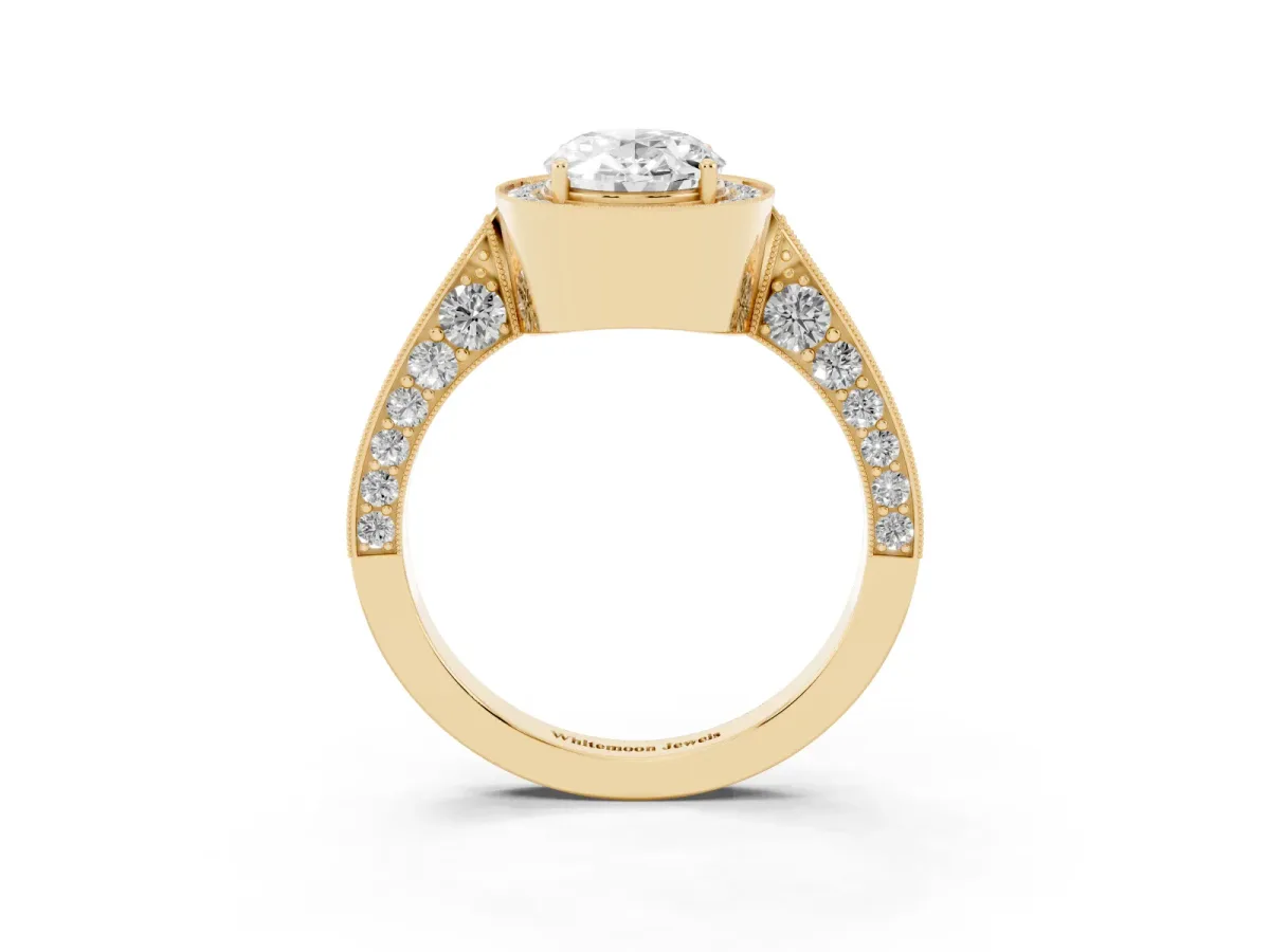Oval Cut Halo Diamond Engagement Ring with Split Shank Band and Four-Prong Setting Yellow gold