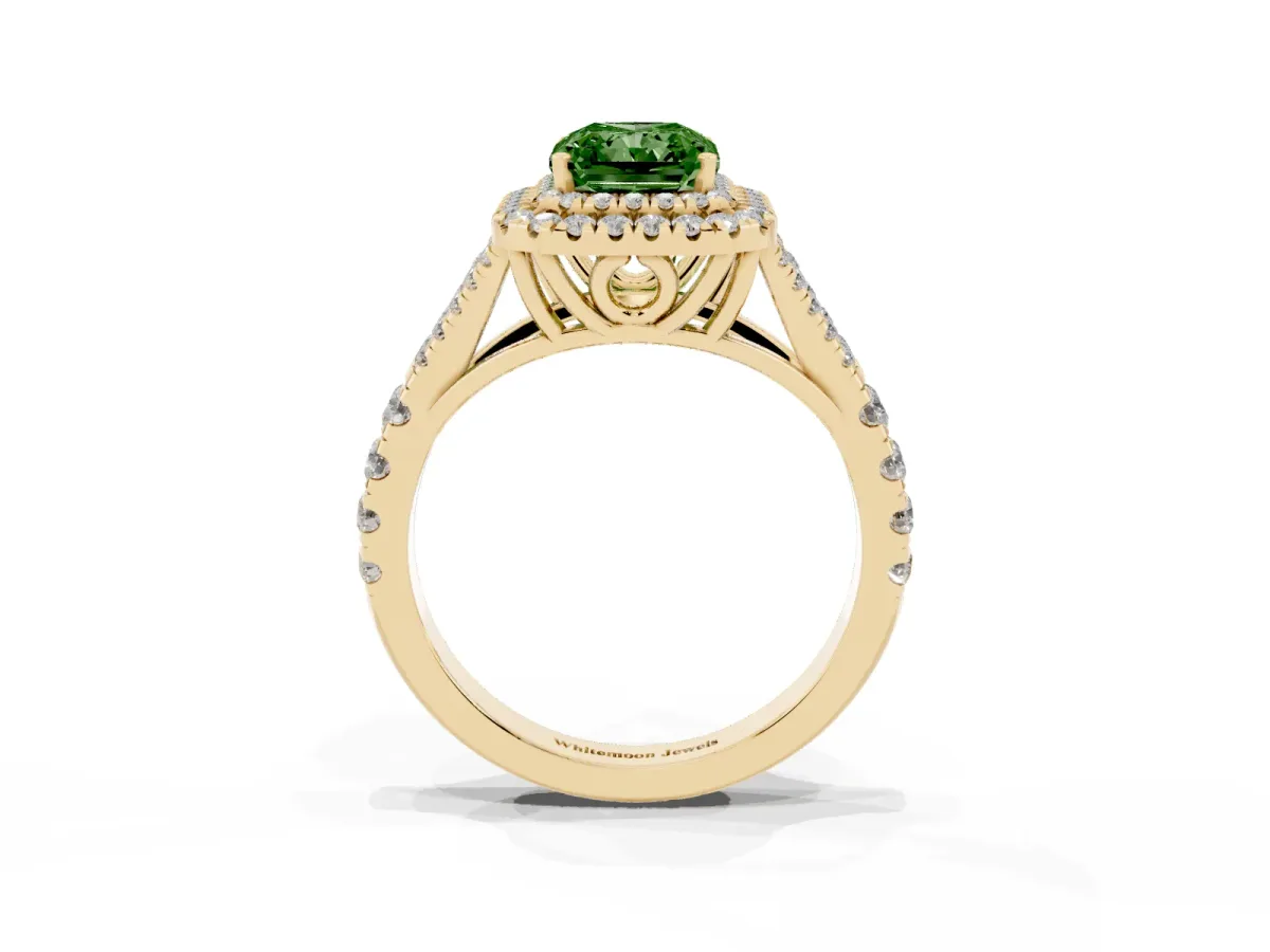 Fancy Green Double Halo Radiant Cut Diamond Split Shank Engagement Ring with Four-Prong Setting Yellow gold