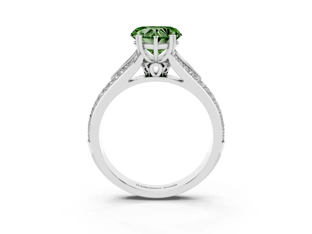 Fancy Green Heart Cut Diamond Split Shank Engagement Ring with Pavé Band Silver