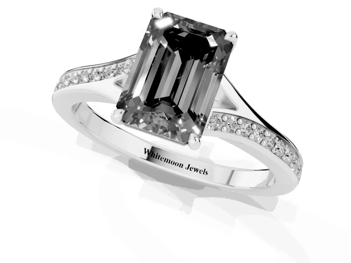 Fancy Black Emerald Cut Diamond Solitaire Ring with Pavé Band and Prong Setting Silver