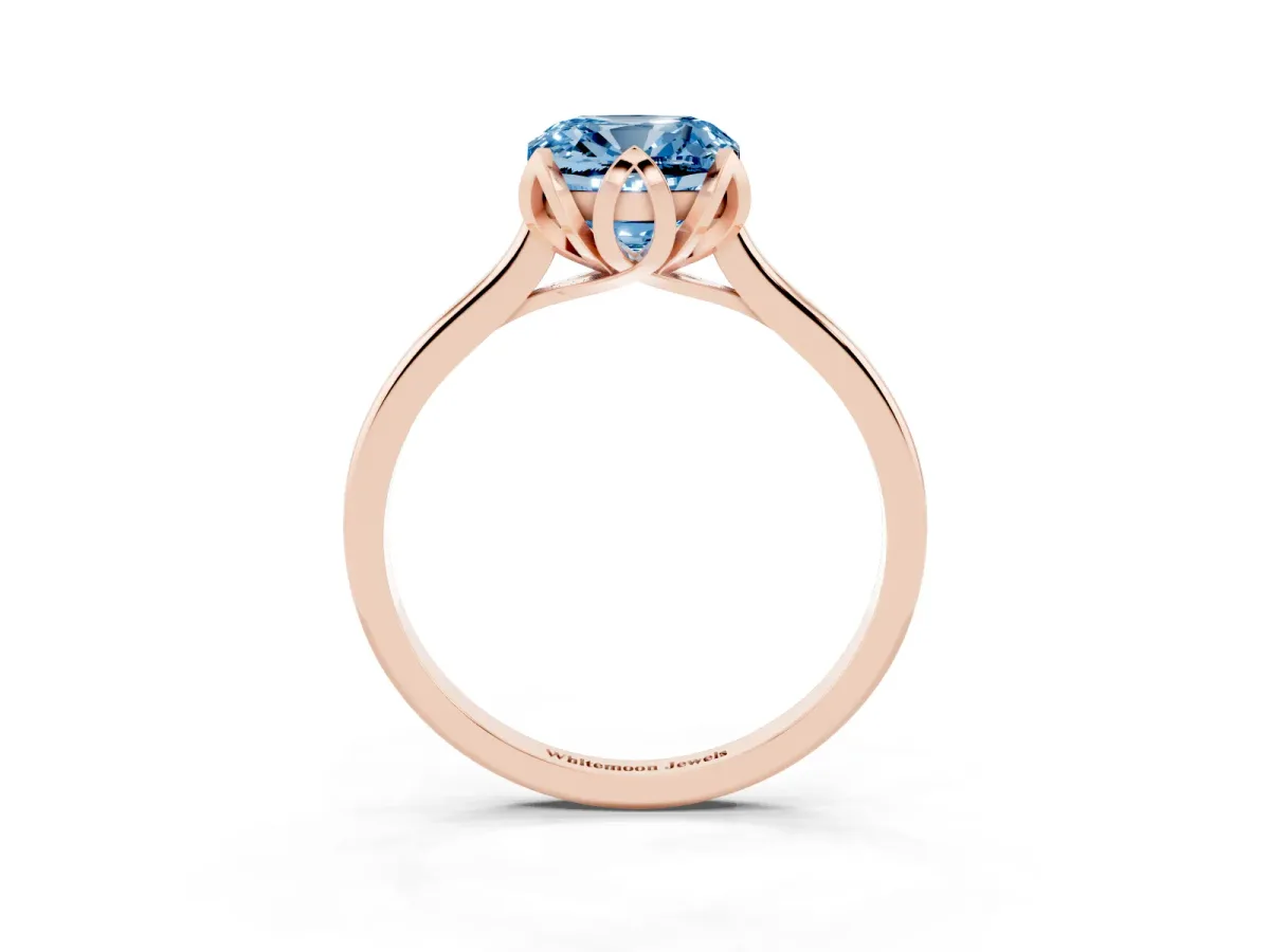 Fancy Blue Cushion Cut Diamond Solitaire Ring with Flower Prong Setting and Classic Band Rose gold