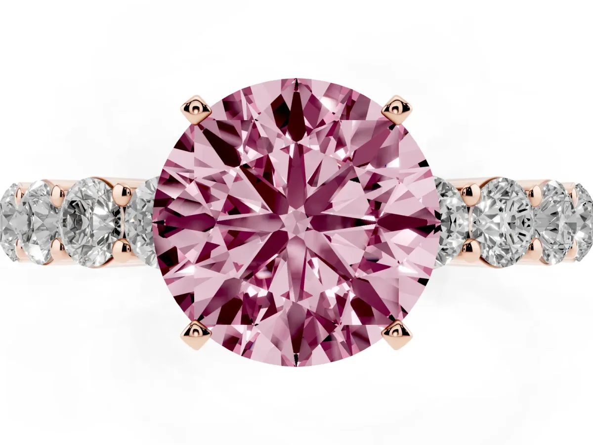 Fancy Pink Round Cut Diamond Solitaire Ring with Shared Prong Round Side Stones Rose gold