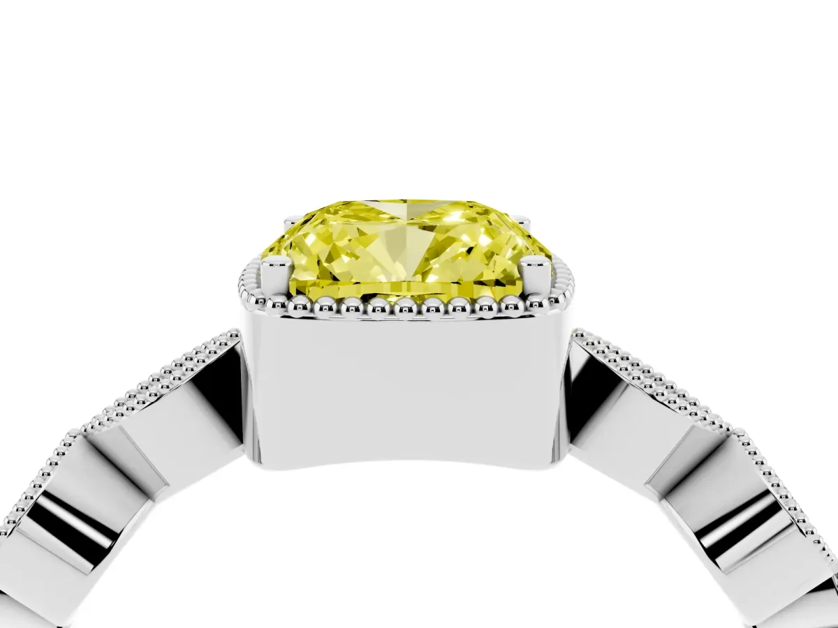 Fancy Yellow Cushion Cut Diamond Vintage Milgrain Ring with Round Stations Silver